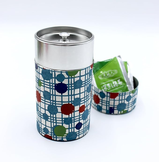 Japanese Pokkan Matcha Coffee Spice Tea Tin Canister Washi Paper Storage with Lid 7.05 oz Capacity (Mizutama Goushi)
