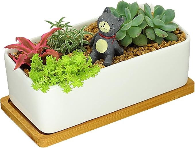 GUKBIAY Bamboo Plant Saucer 6.8 x 3.45 Inch 2 Pack Mini Rectangle Plant Pot Tray Small Bamboo Drainage Saucer for Modern Ceramic Flower Pot