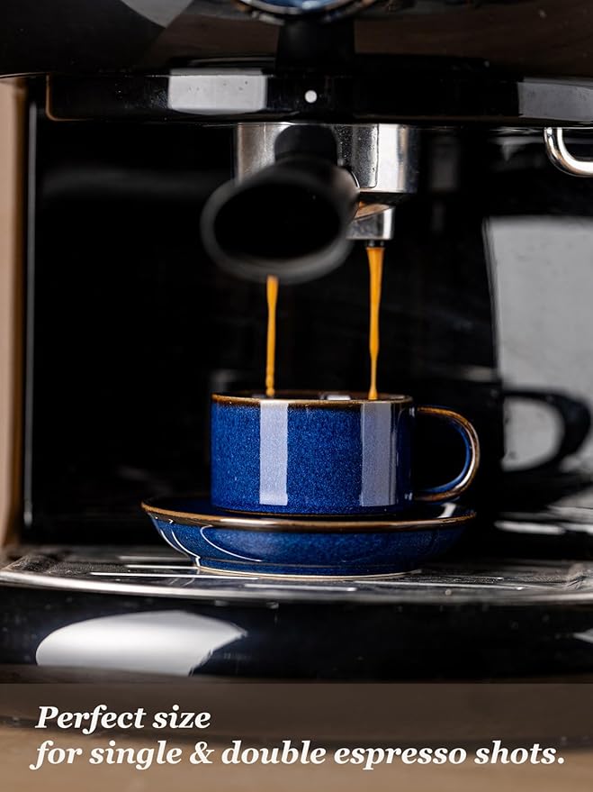 Gomakren 2.5 Ounce Espresso Cups Set of 4, Small Stackable Coffee Cups with Saucers and Metal Stand, Valentine Porcelain Demitasse Cups for Specialty Coffee Drinks, Espresso, Cappuccino, Cobalt Blue