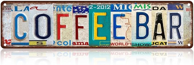 Saraheve COFFEE BAR Sign – Vintage License Plate -16x4 Inch Rustic Coffee Bar Wall Decor for Kitchen, Coffee Station, Cafe, Office Break Room or Home Bar by SARAHEVE