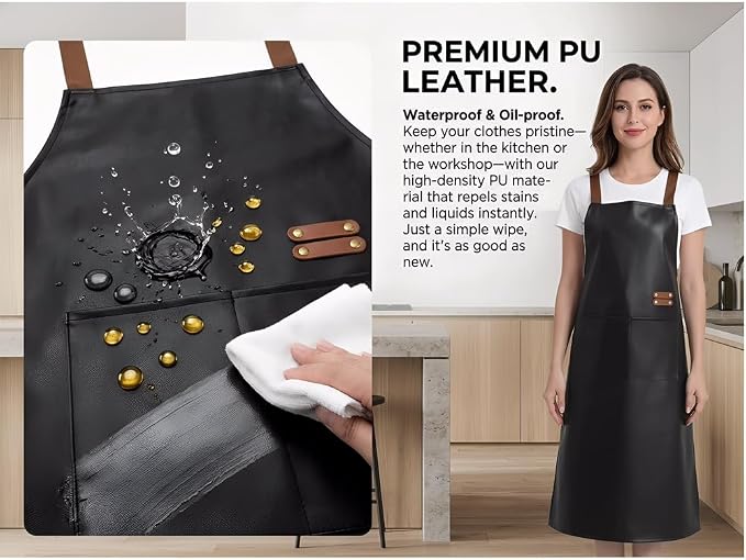 Waterproof Apron Large Pocket PU Material Waterproof Oil-proof Dust-proof Apron Black and Red - Image 4