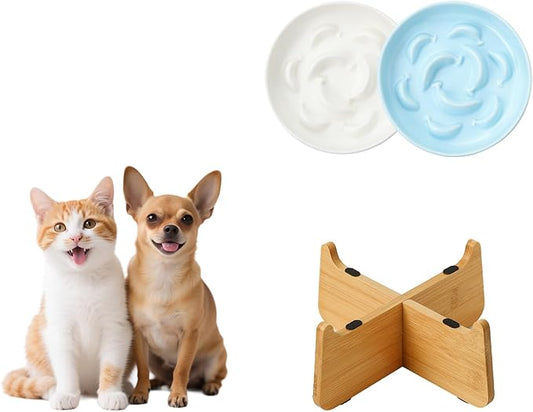 Elevated Slow Feeder Cat Bowls - 2 Ceramic Dishes with 1 Bamboo Stand - Whisker Friendly Shallow Maze Plates for Slower Eating - White & Blue