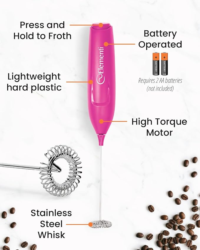 Elementi Pink Milk Frother Wand & Matcha Mixer, Mini Electric Whisk - Coffee Mixer Wand - Coffee Stirrers Electric Matcha Whisk (Hot Pink)