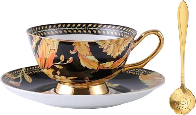Cup& Saucer Set Bone China Tea Coffee Cup for Breakfast Afternoon Tea- Phoenix Feather (Black)