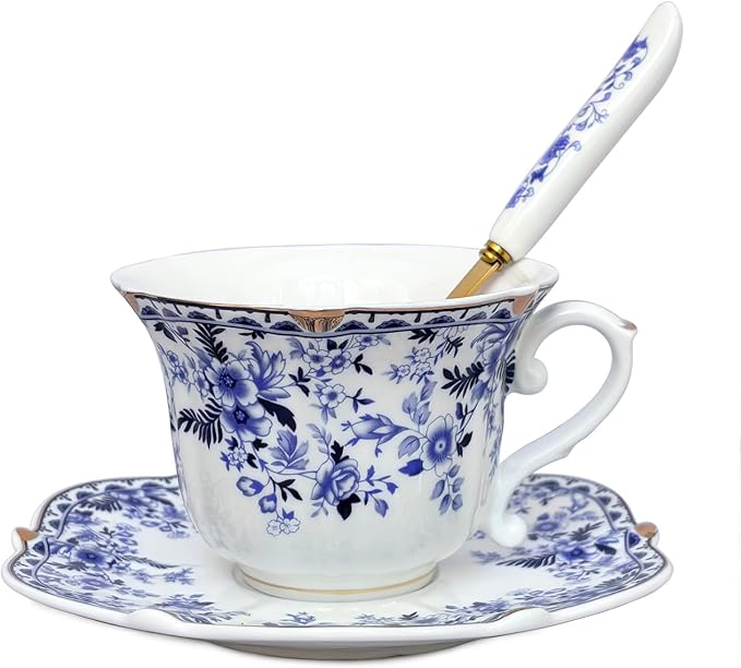 Noviko 6 oz Ceramic Tea Cups and Saucers Set Vintage Floral Teacup for Women