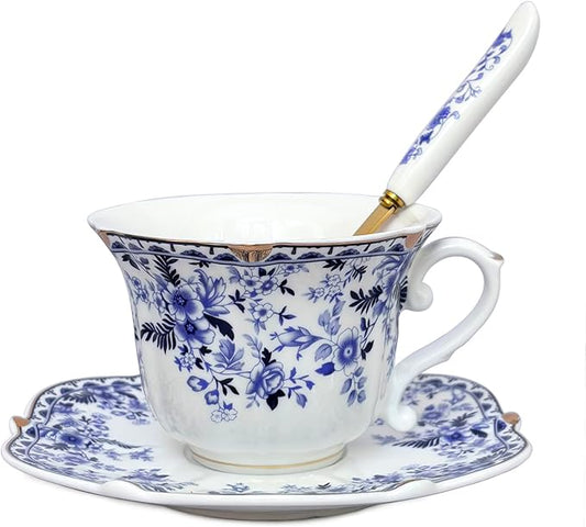 Noviko 6 oz Ceramic Tea Cups and Saucers Set Vintage Floral Teacup for Women