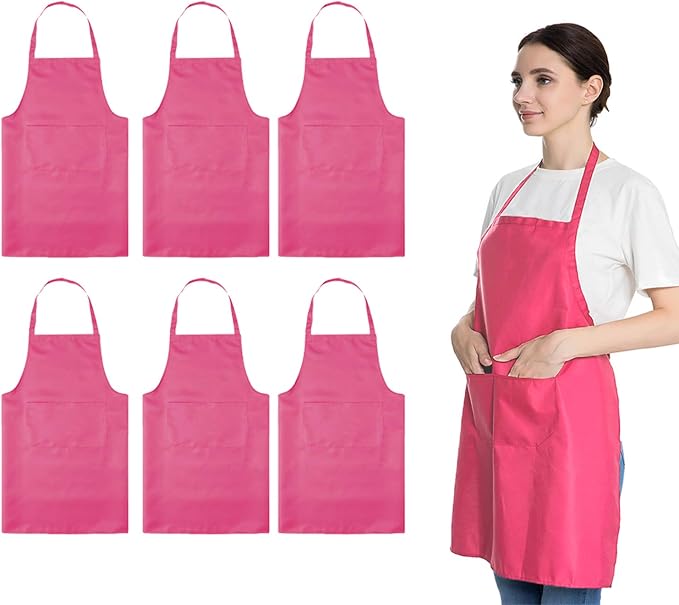 Pink 6PCS Apron for Women Adult Unisex Durable with 2 Front Pockets Washable Chef Cooking Baking Kitchen Restaurant Crafting Painting Aprons by LOYHUANG