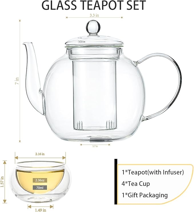 Glass Teapot Set with 4 Teacups, 1500 ml/50 oz Tea Pot with Infusers for Loose Tea and Flower Tea, Stovetop and Microwave Safe Borosilicate Glass Tea Kettle, Tea Gift Sets for Christmas