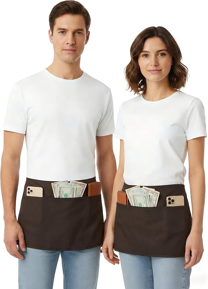 BOHARERS Waist Apron with 3 Pockets 3 Pack - Brown Waitress Server Short Apron