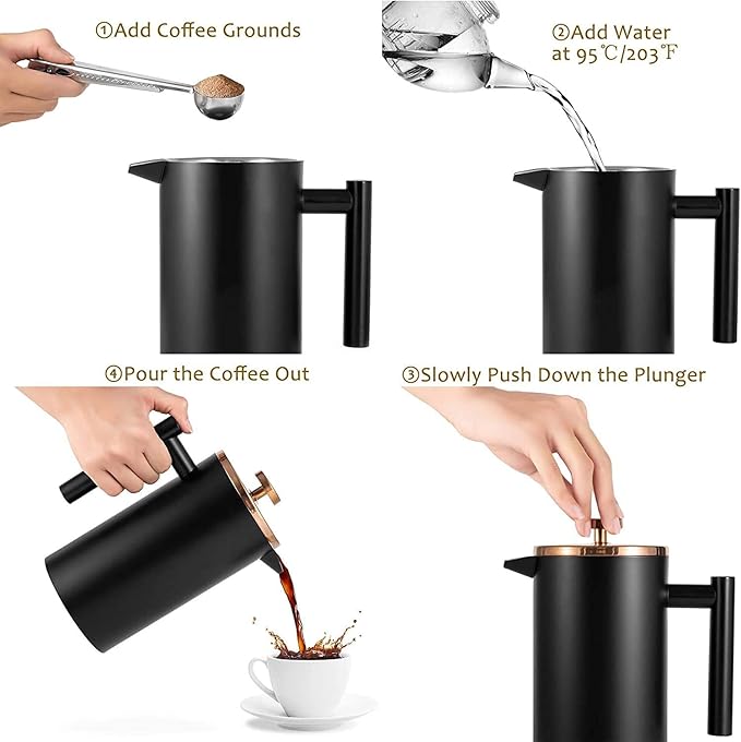 Miuly French Press Coffee Maker 34OZ, 8 Cup Stainless Steel French Press, Double-Walled Insulated Coffee Press for Home and Office, With 2 Extra Filter and Coaster Mat (1000ML, Black)