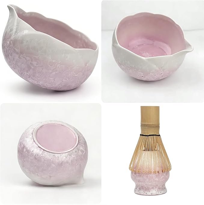 Matcha Set, 8Pcs Crystalline Glaze Ceramic Matcha Kit with Matcha Whisk, Holder, Scoop, Scoop Rest, Sifter, Spoon and Tea Towel - Thoughtful Matcha Whisk Set Gift for Matcha Lovers (Pink)