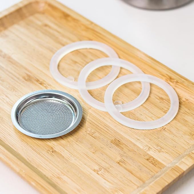 wedrink 1 Filter and 3 Silicone Gasket Seals Replacement for Stainless Steel Moka Pot and Stovetop Espresso Coffee Maker(4 Cup)