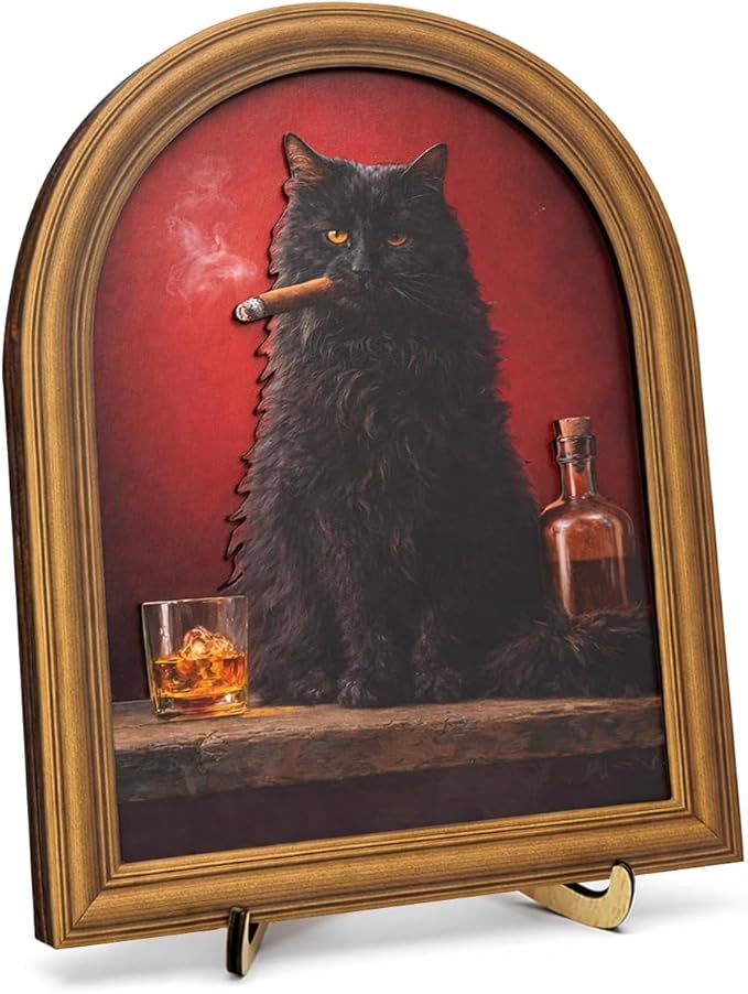 3D Funny Black Cat Smoking Wall Art Sign for Man Cave Decor, Whiskey Bar Cat Portrait Decor, 8x10 Inch