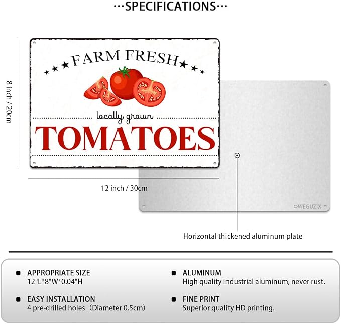 Vintage Tomatoes Metal Signs Wall Decor Funny Vegetables Art Poster Decorative for Home Farmhouse Kitchen Garden Cafe Bar Farm Porch Fence Yard 12X8 Inch Aluminium Hanging Plaque - Image 2