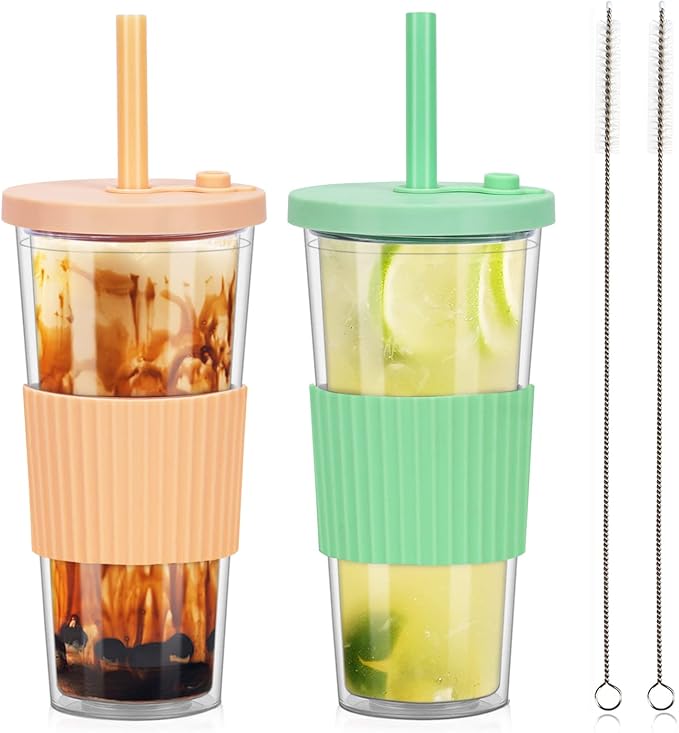 2 Pack Reusable Boba Tea Cups, 24oz Iced Coffee Cup with Straw and Lid, Leakproof Clear Plastic Cups Tumbler, Double Wall Insulated Smoothie Tumbler, Wide Straw for Bubble Tea, Green & Orange
