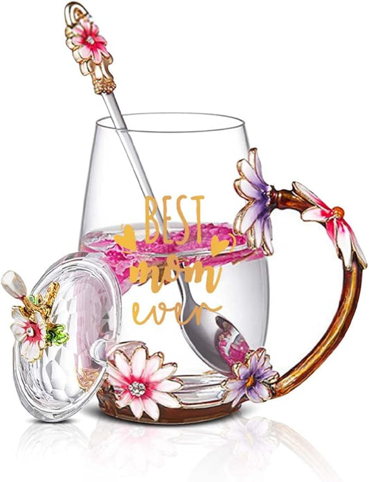 Luka Tech Mothers Day Gifts For Mom,Mom Gifts From Daughter Son,Daisy Flower Glass Tea Cups Best Mom Ever Gift, Birthday Gift For Mum Grandma