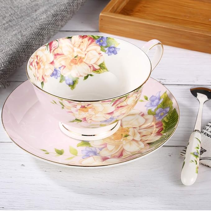 Pink Tea Cup,Floral Tea Cup and Saucer Set,Bone China Tea Set,Coffee Cup,Tea Set for Adults/Friends/Women/Men,7OZ