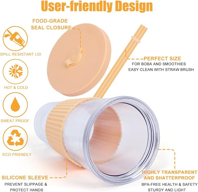 2 Pack Reusable Boba Tea Cups, 24oz Iced Coffee Cup with Straw and Lid, Leakproof Clear Plastic Cups Tumbler, Double Wall Insulated Smoothie Tumbler, Wide Straw for Bubble Tea, Green & Orange