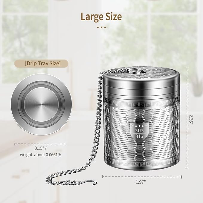 2Pack Tea Infusers for Loose Tea, Extra Fine Mesh 316 Stainless Steel Tea Strainers, Loose Leaf Tea Steeper Tea Diffuser Tea Holder with Extended Chain Hook and Drip Tray (Large + Extra Small)