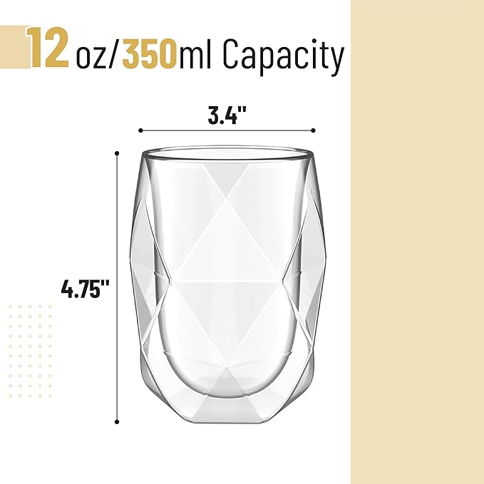 BTaT- Double Walled Glasses, 4 Pack, 12 oz (350 ml), Insulated Diamond Shaped Glass Cups, Double Wall Drinking Glasses for Iced Tea, Juices, Water, Cocktails, Hot and Cold Beverages