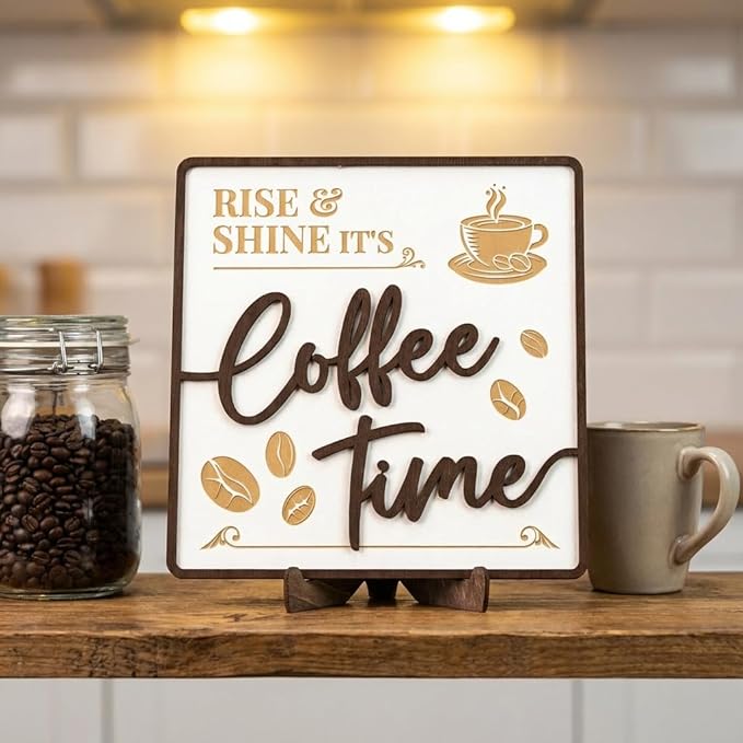 Woodamore Vintage Coffee Sign Decor - Farmhouse Coffee Bar Sign Accessories, Wood Cafe Signs For Kitchen Table Top Decor, Cafe Station Accessories