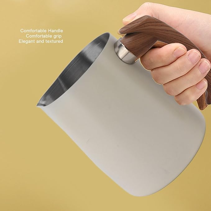 Milk Frothing Pitcher 20oz, Stainless Steel Coffee Steaming Pitcher with Measurement Scale, Pointed Spout, Ergonomic Handle for Latte Art, Cappuccino, Home, Cafe, Espresso Machine Accessories