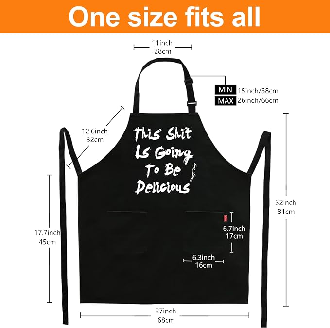 BBQ Funny Apron for Men, Chef Bib Apron with 2 Pockets, Adjustable Neck Strap and 40" Long Ties - Best for Kitchen Cooking, Grilling, Baking, Gardening - Black - Image 4