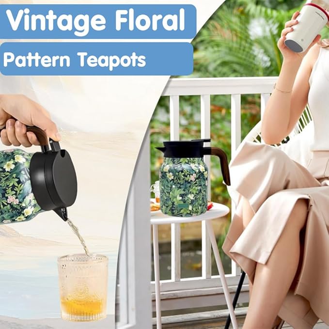 Vintage Floral Pattern Tea Pots – Built-in Infuser,Vintage Floral Teapot with Built In Infuser Stainless Steel Thermal Carafe with Lid for Hot Drinks,Red(Wooden handle,35oz)