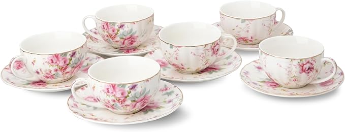 BTaT- Floral Tea Cups and Saucers, Set of 6, 7 oz, Fine Porcelain Teacup Set with Gold Trim for Afternoon Tea, Weddings, Parties & Gifting, Dishwasher Safe and Freezer Safe