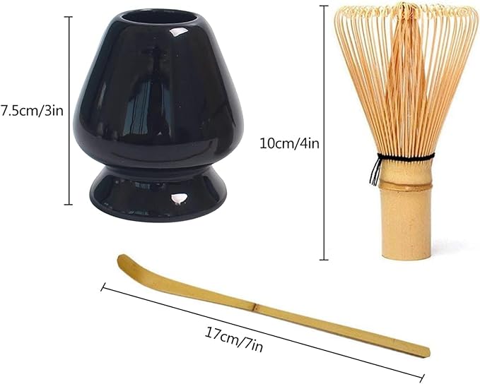 Japanese Matcha Tea Set, Bamboo Whisk (Chasen) + Matcha Scoop (Chashaku)+Ceramic Whisk Holder,fit for Japanese Tea Matcha Tea,Matcha Latte Accessories (L)