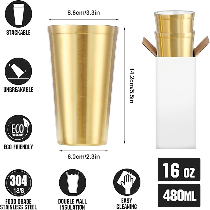 Stainless Steel Double Walled Insulated Cups(Set of 2) Stackable, Coffee Cup/Tea Cup/Chilling Beer Glasses, Great for Kids, for Travel, Outdoor,Camping&Everyday, 16oz(Gold)