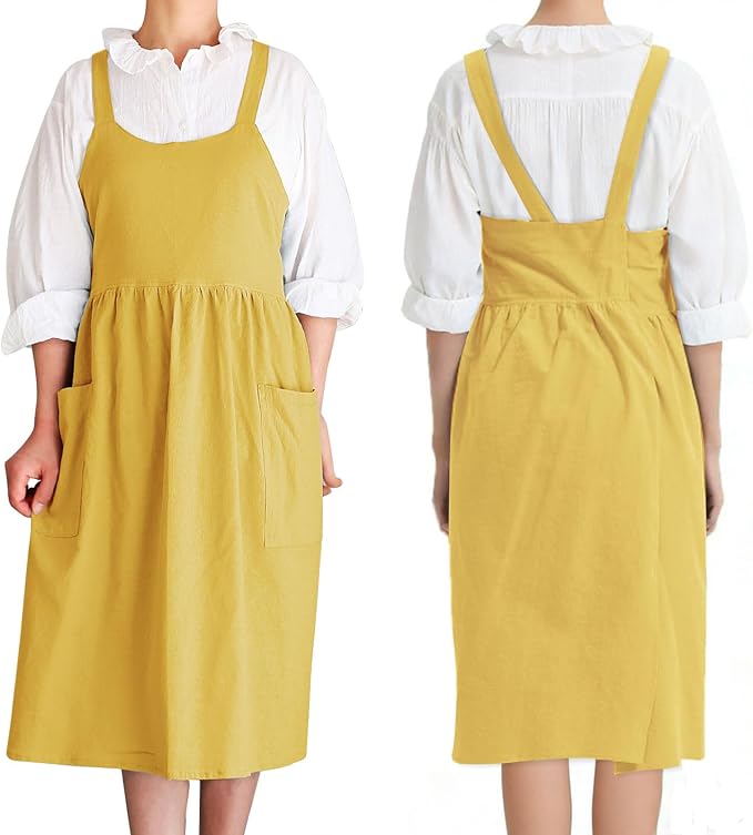 Cotton Linen Cross Back pinafore Apron Dress for Women with Pockets for Cooking Cleaning - Crossback Apron - Yellow - without Waist Ties - Image 2
