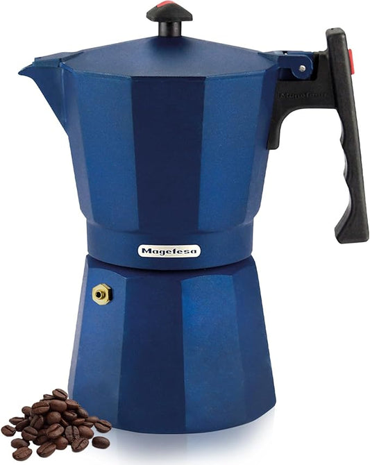 Magefesa Colombia Blue Stovetop Espresso Moka Pot, 6-Cup/10 oz, Italian Coffee Maker for Cuban Coffee, Extra-Thick Aluminum, Heat-Resistant Handle, Safe & Easy-to-Use, Greca Coffee Maker