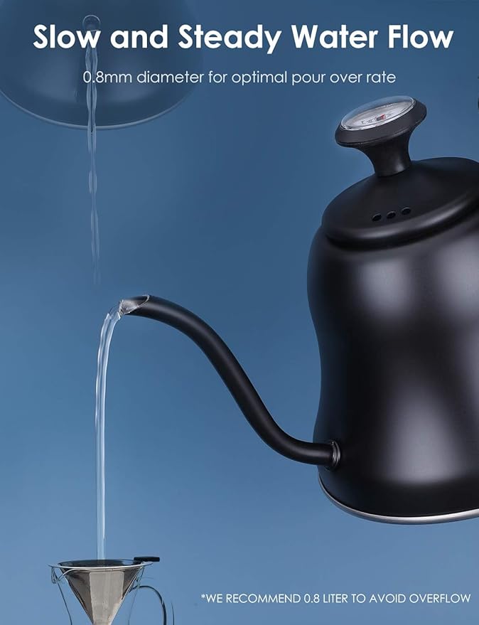 Tea Kettle with Thermometer Stovetop Gooseneck Kettle 28oz 0.8L Pour Over Coffee Pot, Matte Black Camping Home Kitchen Water Boiler, 1Pack