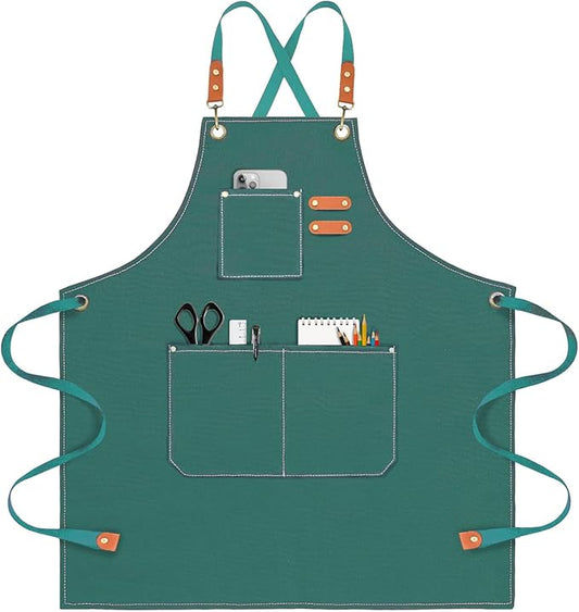OUNLEN Chef Apron for Men Women Canvas Aprons with 3 Pockets Cross Back Resistant Work Apron for Cooking