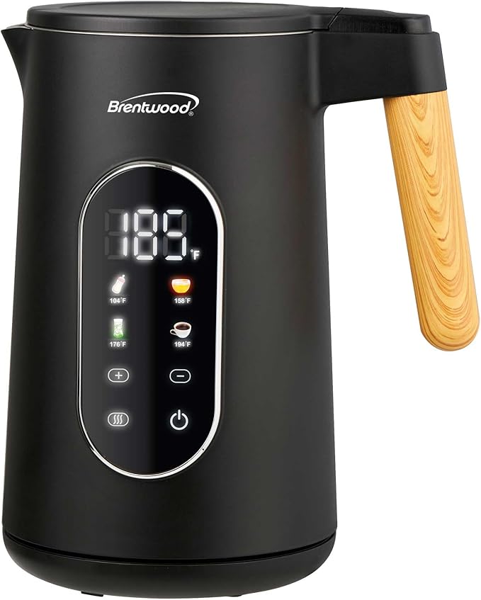 Brentwood 1100W 1.7L Cordless Cool Touch Digital Kettle with Stainless Steel Interior, Temperature Control with 4 Presets, 360° Base, Auto Shut-Off, Keep Warm, & Boil Dry Protection (Black, 1.7L)