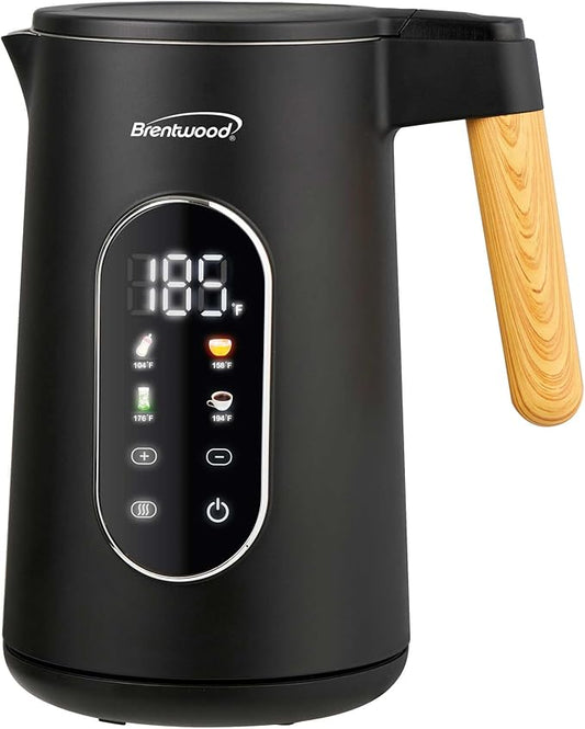 Brentwood 1100W 1.7L Cordless Cool Touch Digital Kettle with Stainless Steel Interior, Temperature Control with 4 Presets, 360° Base, Auto Shut-Off, Keep Warm, & Boil Dry Protection (Black, 1.7L)