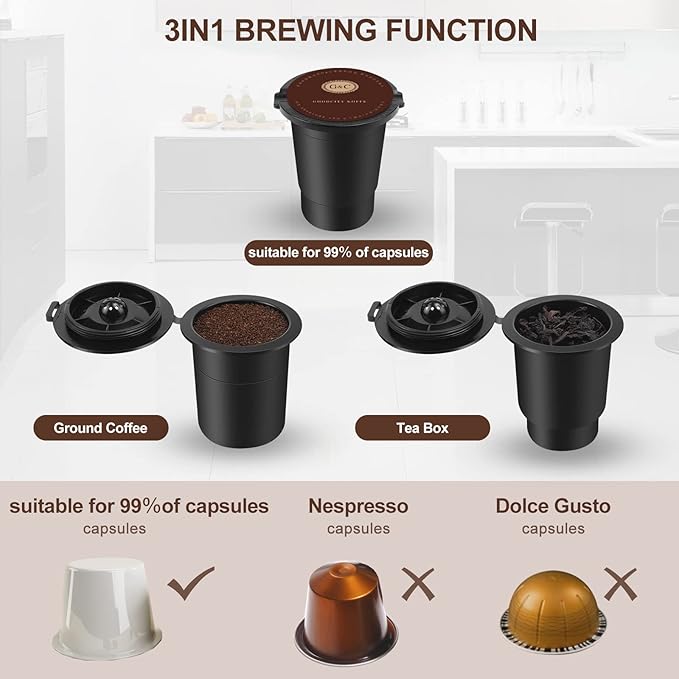 SIFENE 3-in-1 Pod Coffee Machine KC101 - Single Serve Coffee Maker - Quick Brew for Pods, Ground Coffee, Tea, Black
