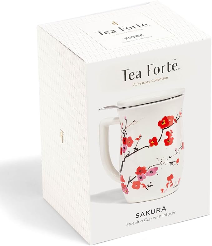 Tea Forte Ceramic Fiore Cup with Handle, Removeable Stainless Steel Infuser Basket and Lid, Steeps 14 oz Loose Leaf Tea, Dishwasher & Microwave Safe, Sakura