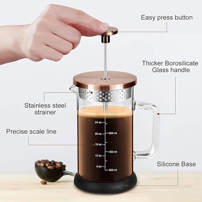 French Press Coffee Maker 34 Ounce Espresso Tea Coffee Maker with 4 Filters System, Stainless Steel Plunger and Heat Resistant Borosilicate Glass BPA-Free Brewed Tea Pot Coffee Plunger