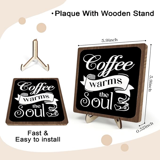Coffee Bar Sign Plaque, Vintage Café Decor for Kitchen, Rustic Farmhouse Cafe Accessories, Themed Wall Sign for Home - Coffee Warms the Soul - Gift Idea (Black&Brown4, 5.9x5.9inches)