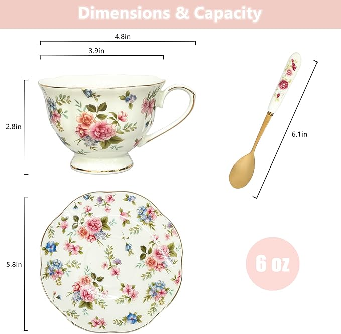 Noviko 6 oz Floral Tea Cups and Saucers Flower Ceramic cup for Women and Tea Parties