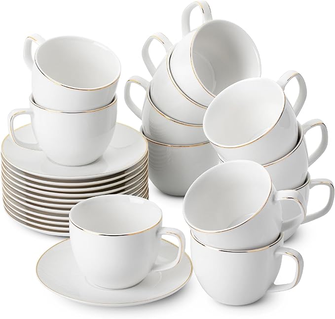 BTaT- Cappuccino Cups with Saucers 8 oz, Set of 12, White Porcelain Coffee Cup and Saucer Set for Latte with Golden Trim Design, Dishwasher Safe, Mocha, Tea, Au Lait, Flat White