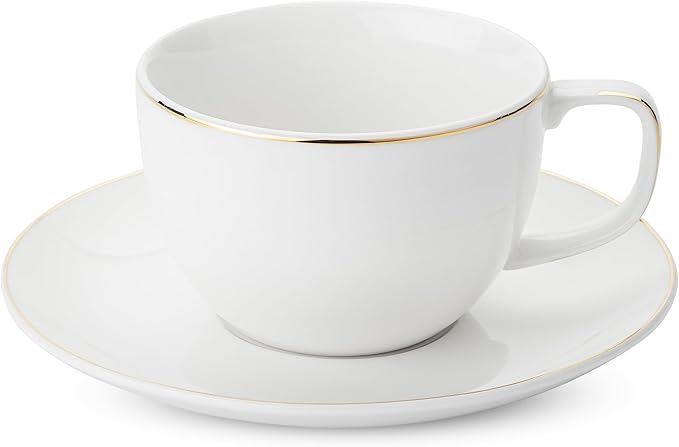 BTaT- Cappuccino Cups with Saucers 6 oz, Set of 6, White Porcelain Coffee Cup and Saucer Set for Latte with Golden Trim Design, Dishwasher Safe, Mocha, Tea, Au Lait, Flat White