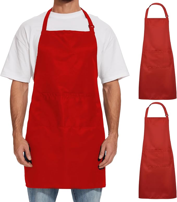 Will Well Kitchen 2 Pack Bib Apron For Men & Women with 2 Pockets - Red | Unisex 33'' x 27'' Oil & Water Resistant Soft Kitchen Chef Apron with Adjustable Neck Strap & 38'' Waist Ties for Snug Fit by WillWell