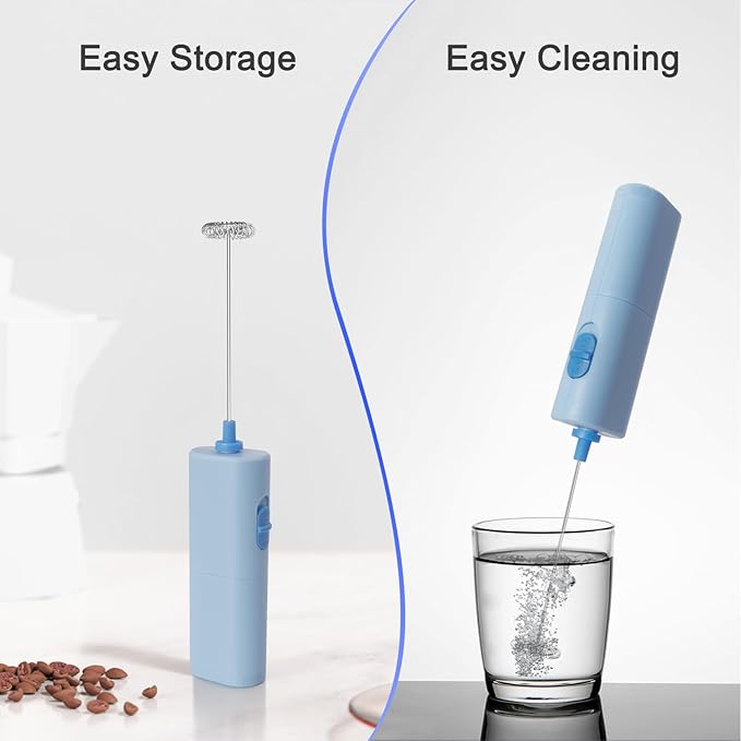 Portable Coffee Frother by ELMWAY, Battery Operated Electric Whisk, Mini Milk Frother Handled for Coffee, Latte, Matcha and Protein Powder - Blue