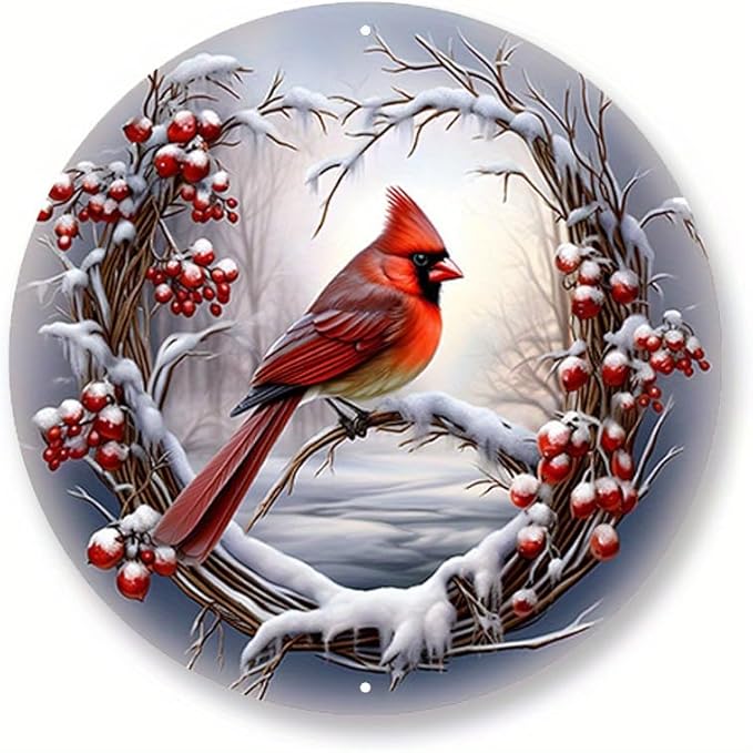 8x8inch Aluminum Cardinal Wreath Sign - Vibrant Gray & Red Bird Art - Durable Door Hanger for Festive Christmas & Winter Decor by Unknown