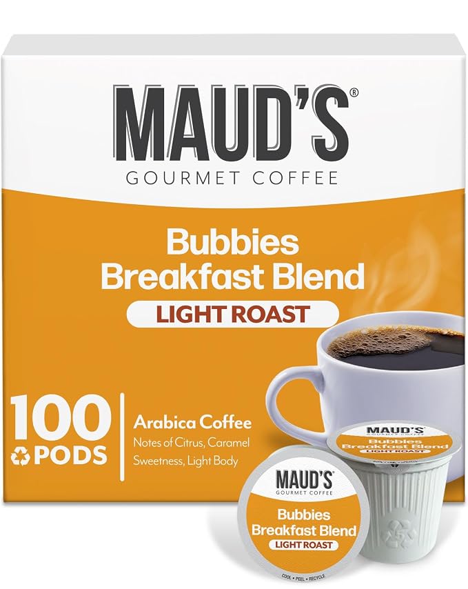 Maud's Breakfast Blend Coffee Pods, 100 ct, Light Roast Coffee in Single Serve Pods – 100% Arabica Beans, Compatible with Keurig K Cups Maker by MAUDSCOFFEETEA