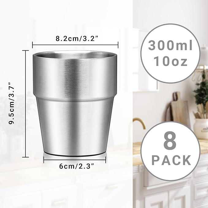 Drinking Glasses Set, 10 oz Insulated Tumbler, 8 Pack Double Wall Unbreakable Stackable Water Tumblers Vacuum Insulated Premium Stainless Steel Metal Cup for Travel Camping Home Outdoor
