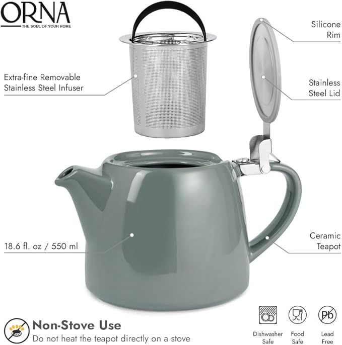 ORNA Ceramic Teapot with Tea Infuser – Small Tea Pot for Loose Leaf Tea – 550ml / 18.6 Oz Porcelain Non-Stove Teapot for 2 Cups with Tea Strainer (Grey)